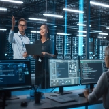 Female e-Business Entrepreneur and Male IT Specialist Discussing Something and Use Laptop in Big Data Center Server Room. Work on Web Services Cloud Computing SAAS Concept